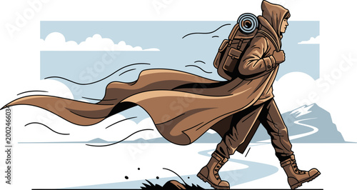 Illustration of a hooded traveler walking through wind.