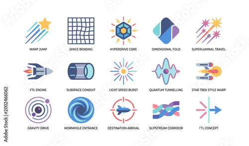 Faster than light and space travel icons on white grid