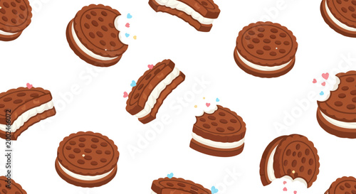 Chocolate Sandwich Cookies with Cream Filling Seamless Pattern, Bite Marks, Sweet Treats