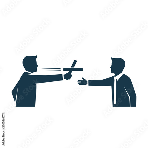 Businessmen duel with swords, competition, conflict, strategy, teamwork, handshake