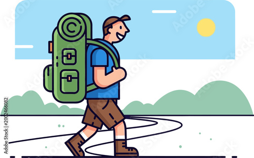 Illustration of a smiling male backpacker walking.