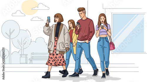 Illustration of young group of people walking while using smartphones.
