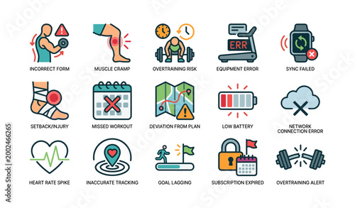 Fitness app icons showing workout risks errors and alerts grid