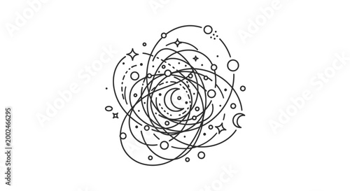 Dynamic cosmic swirl line art vector illustration of stars, planets, and moons in an abstract celestial pattern on a white background