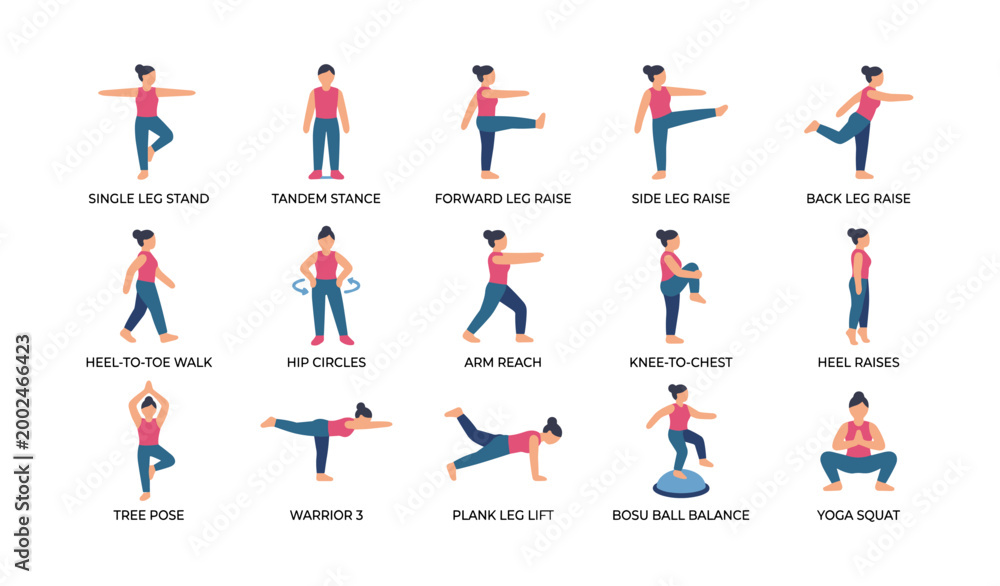 Fototapeta premium Balance and mobility exercise icons showing various standing poses
