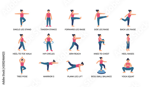 Balance and mobility exercise icons showing various standing poses