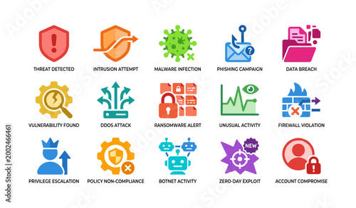 Cybersecurity alert icons arranged in grid on white background
