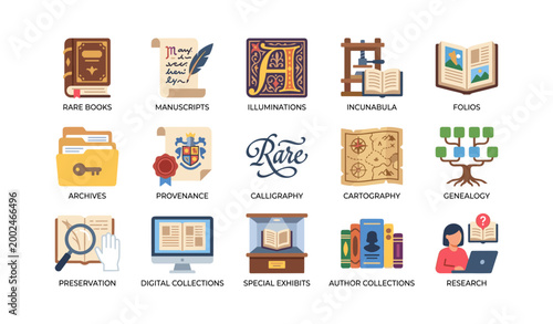 Library and archives icons showing rare books and collections on white