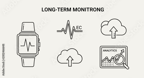 Long term health monitoring icons set with smartwatch and data analytics.
