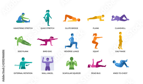 Exercise icons showing stretches and strength moves in grid
