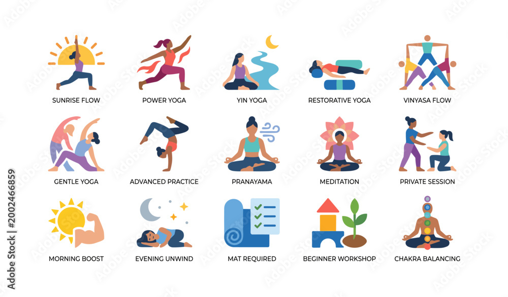 Fototapeta premium Yoga class icons showing different practice types on white background