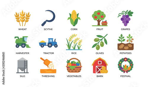 Agriculture and farm produce icons arranged on white background