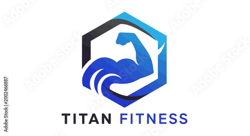 Hexagonal fitness logo with flexing arm and text.