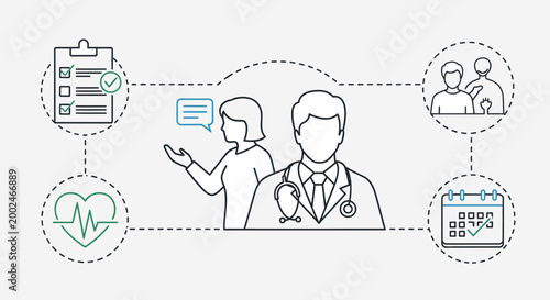 Medical Consultation Process with Doctor and Patient Outline Illustration.