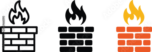 Set of firewall network security icons featuring brick wall and flame symbols representing internet safety data protection and cyber security defense systems.