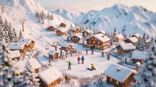 Tilt shift view of a snowy alpine ski village with chalet, chairlift, pine, church and tiny figures in a cozy winter resort landscape.
