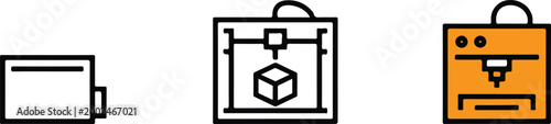 Set of three dimensional printing machine icons representing additive manufacturing rapid prototyping and industrial tech innovation for modern engineering projects.