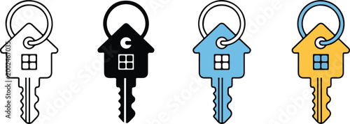 Set of house key icons in various styles representing real estate mortgage home ownership security and residential property sales for commercial business.