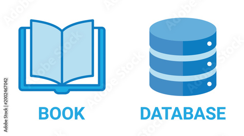 Vector graphic illustration of Book and database icons in blue Vector