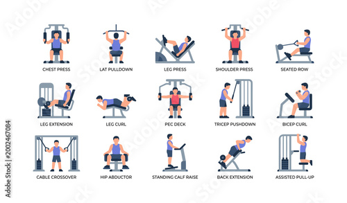 Gym exercise icons showing weight machines and workout poses on white