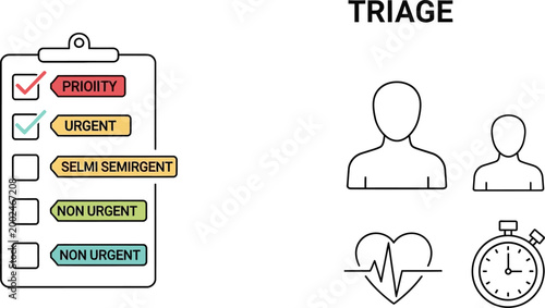 Medical triage process illustration with priority checklist and patient icons.