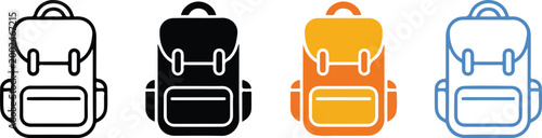 Set of backpack icons in various styles representing school education travel adventure and outdoor luggage for student and tourist commercial designs.