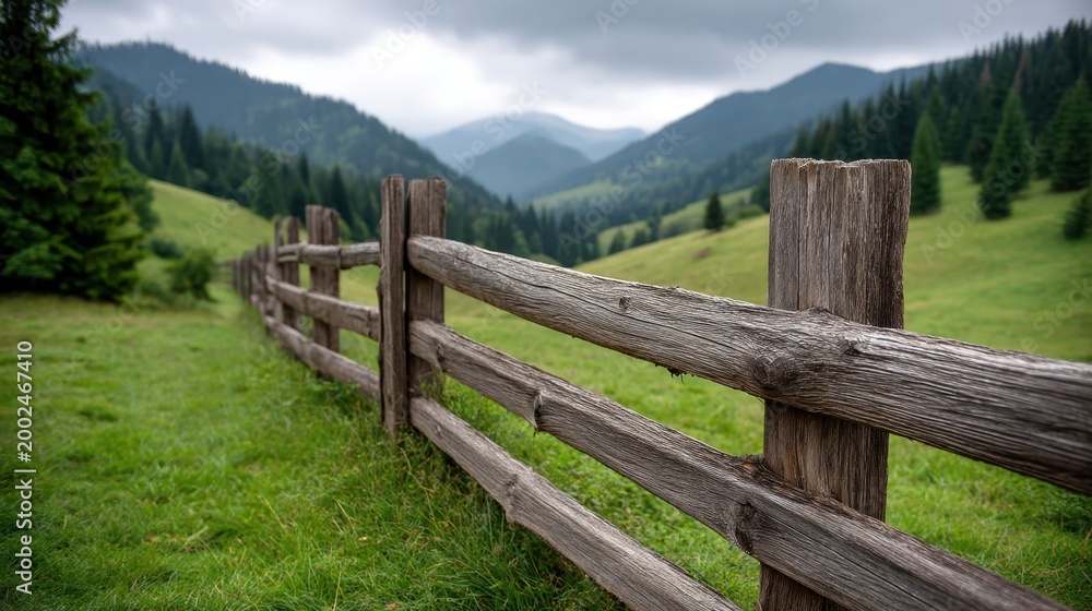 Fototapeta premium Serene Wooden Fence Leading Through Lush Green Meadow with Majestic Mountains in Background Under Dramatic Cloudy Sky