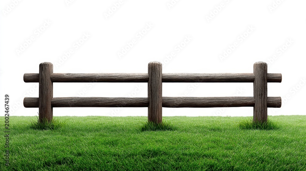 Obraz premium Wooden Fence on Green Grass Against Bright White Background, Ideal for Nature, Landscape, and Rural Theme Projects
