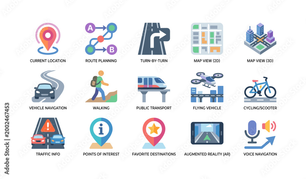 Fototapeta premium Navigation icons showing map and routing options on white background
