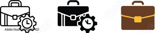 Set of briefcase icons with gear and clock symbols representing professional project management business workflow efficiency and corporate time optimization.
