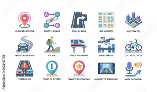 Navigation icons showing map and routing options on white background
