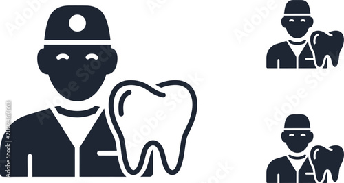 Minimalist vector icon featuring a dentist with a tooth symbol.