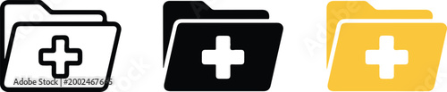 Set of medical folder icons with cross symbol representing digital health records patient data storage and clinical information management for healthcare systems.