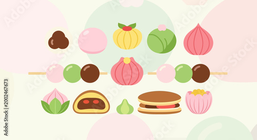 Japanese traditional dessert wagashi dango and mochi vector illustration collection in cute kawaii flat design style