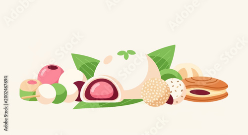 Traditional Asian Street Food Vector Illustration, Set of Mochi, Dango, Sesame Balls, and Sweets in Flat Minimalist Design Style