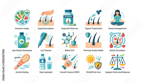 Hair care treatments and prevention icons in grid layout