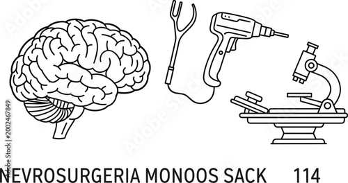 Neurosurgery and medical research icons with human brain and surgical tools.