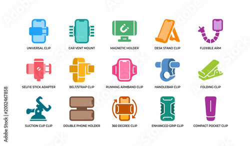 Accessory icons showing clips and holders for devices