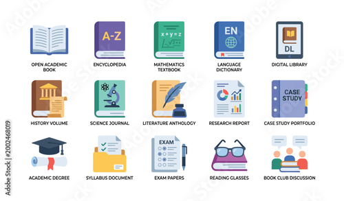 Academic book icons showing subject categories in grid layout
