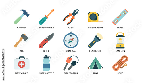 Outdoor and tool icons arranged on white interface layout