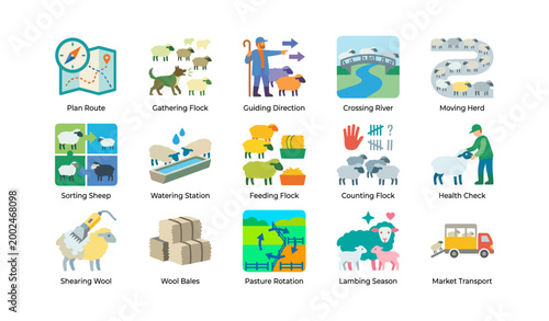 Sheep farming icons showing herding and flock care on white background