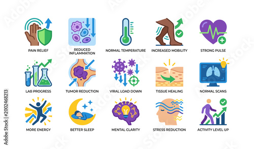 Medical outcome and recovery icons displayed on white background