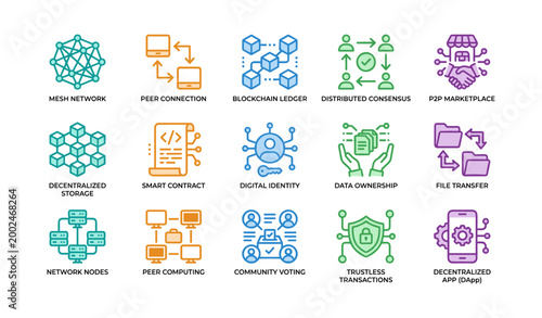 Decentralized network and blockchain concept icons on white