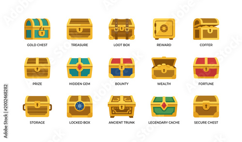 Treasure chest icons showing different locked boxes and rewards