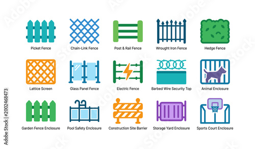 Fence and enclosure icons arranged in grid on white background