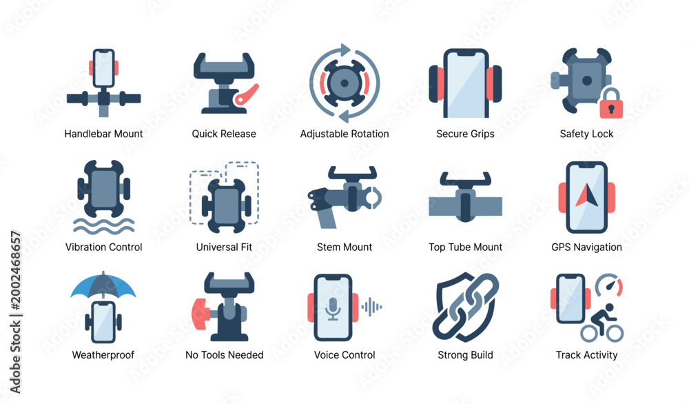 Fototapeta premium Bike phone mount icons showing mounting features and uses