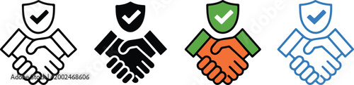 Set of handshake icons with a check mark shield representing secure business partnerships trusted agreements and successful corporate contract protection.