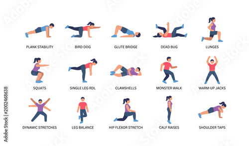 Exercise pose icons showing bodyweight drills and stretches on white