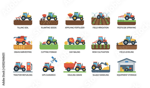 Tractor agricultural icons showing field operations on white