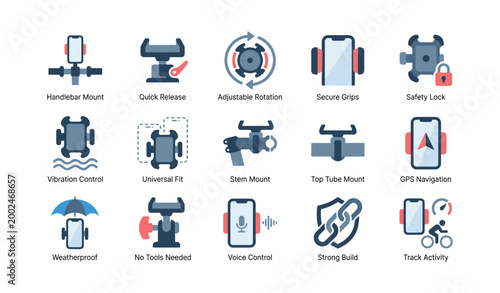 Bike phone mount icons showing mounting features and uses